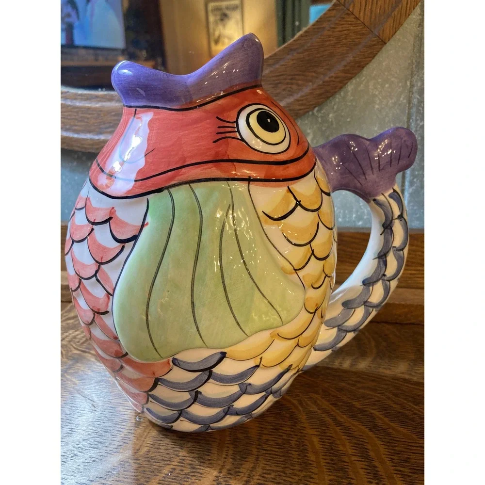 Hand Painted Ceramic Fish Pitcher Whimsical Coastal Decorative Vase Multicolor